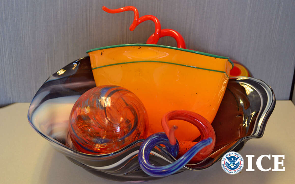 A piece of counterfeit glass art bearing Dale Chihuly's signature seized through the investigation into Renton counterfeiter Michael Little. Homeland Security Department photo.