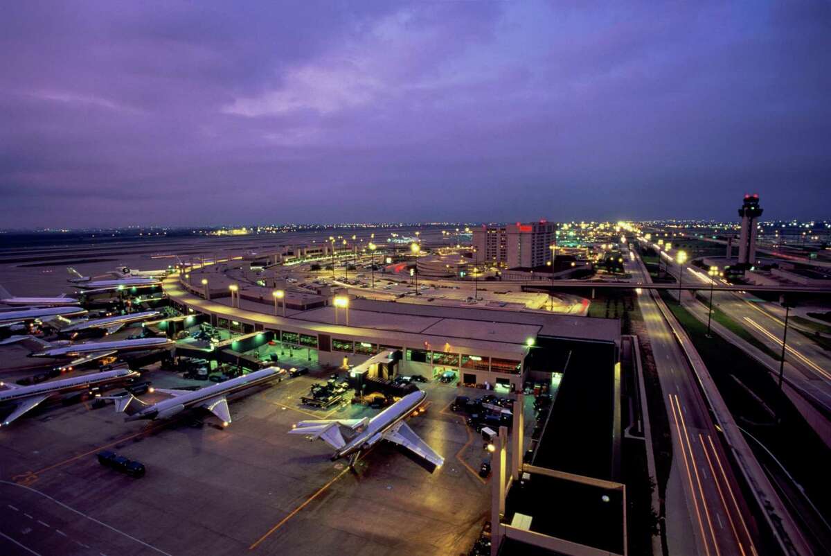 Airport at dusk, elevated view, Fort Worth, Dallas, Texas, USA. 