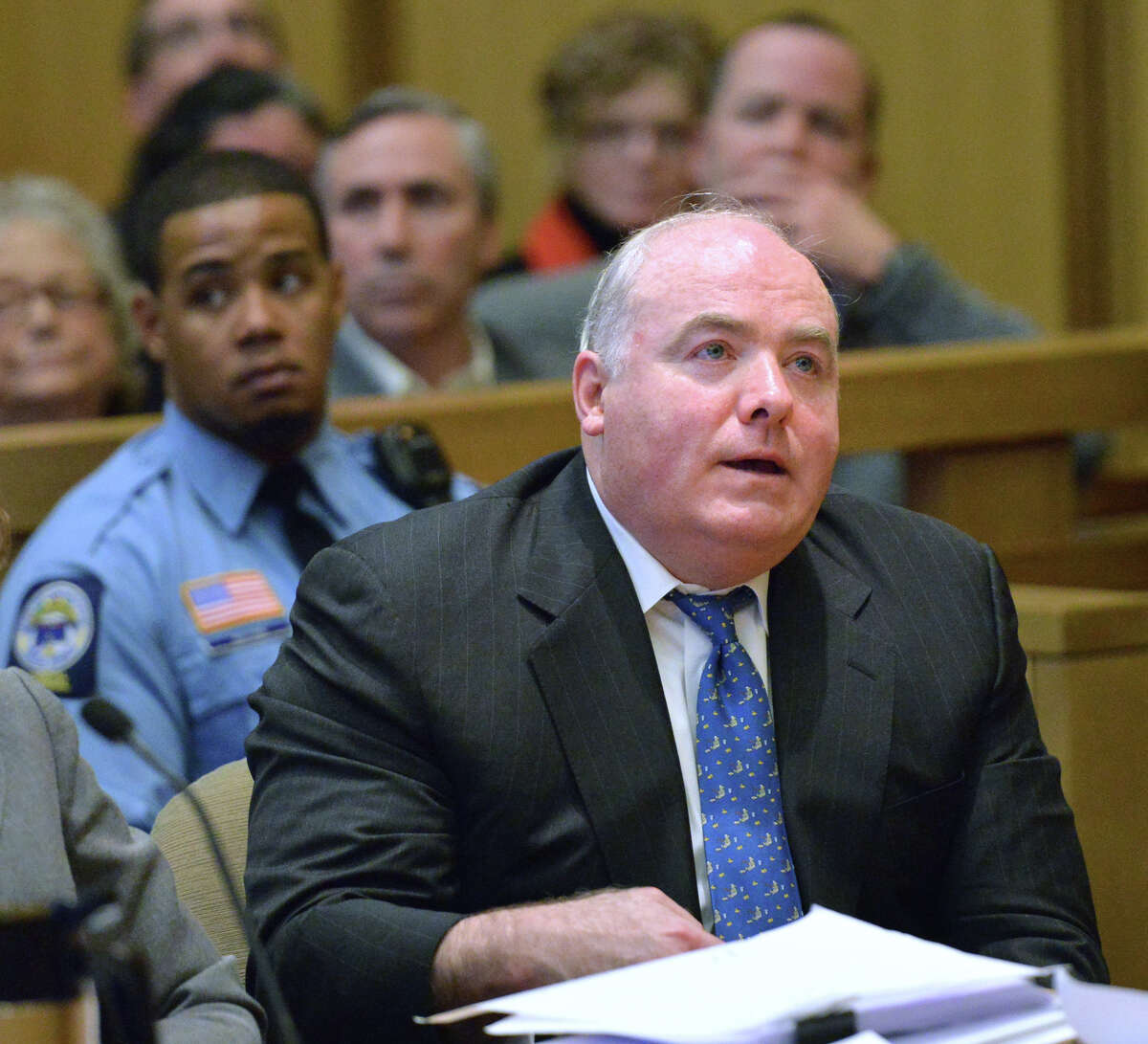 Michael Skakel reacts to being granted bail during his hearing at Stamford Superior Court, in Stamford, Conn., Thursday, Nov. 21, 2013. Skakel will be released on bail after receiving a new trial for the 1975 murder of his Greenwich, Conn., neighbor, Martha Moxley, which he was convicted of in 2002.