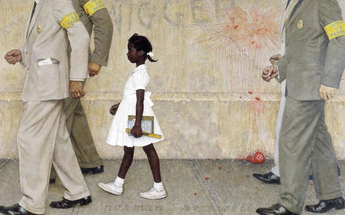 Rockwell's 1964 painting "The Problem We All Live With" shows Ruby Bridges being escorted to a newly desegregated school. Illustration for Look, January 14, 1964 Oil on Canvas Norman Rockwell Museum Collection