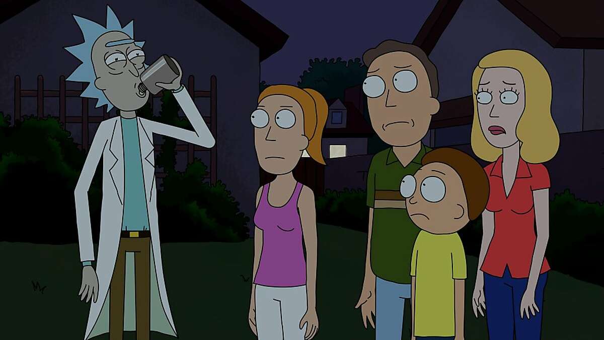 Rick (Justin Roiland) spends quality time with his daughter?•s family in Rick and Morty. L to R Summer (Spencer Grammar), Jerry (Chris Parnell), Morty (Roiland) and Beth (Sarah Chalke). Rick and Morty is a new 30-minute animated series premieres Monday, December 2nd at 10:30 p.m. (ET/PT) on Adult Swim.