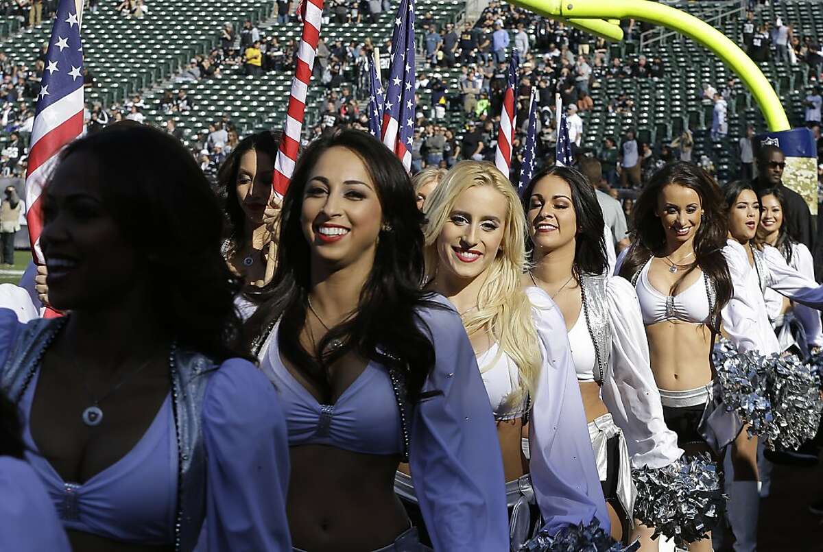 The Oakland Raiderettes perform last season at the Coliseum. Raiderette Lacy T. is accusing the team of failing to pay the cheerleaders minimum wage for all the work they do.