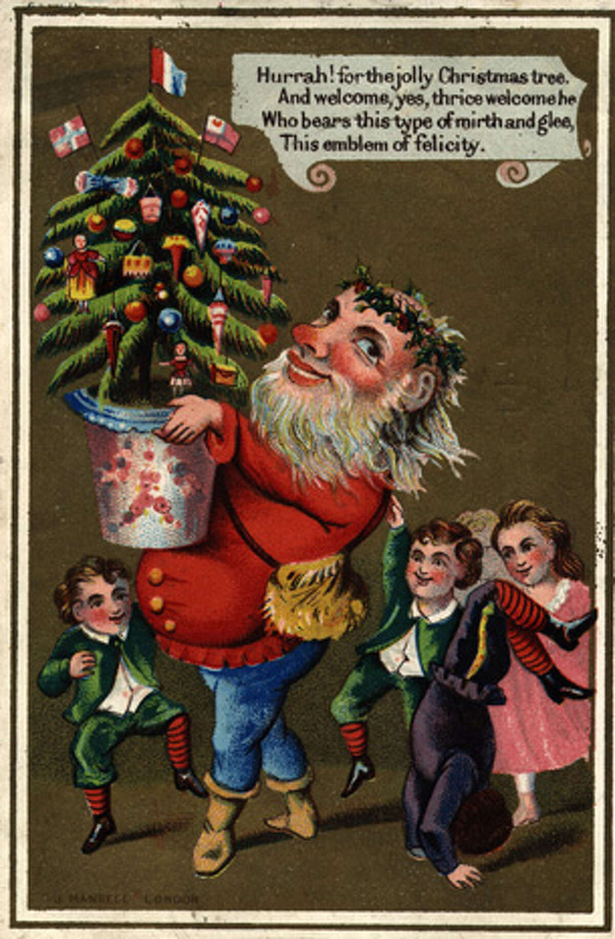Circa 1885: Father Christmas arrives with a Christmas tree to the delight of the children in this Victorian greetings card. J Mansell (Photo by Hulton Archive/Getty Images)