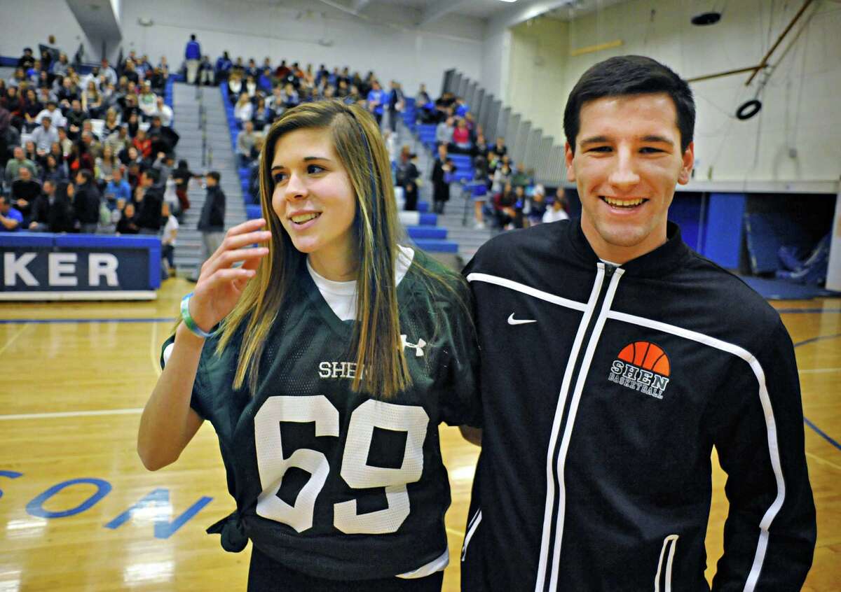 Accident survivors Bailey Wind and Matt Hardy during a ceremony in their honor before Saturday's Shen vs. Shaker basketball game at Shaker High in Colonie Fe. 9, 2013. (John Carl D'Annibale / Times Union)