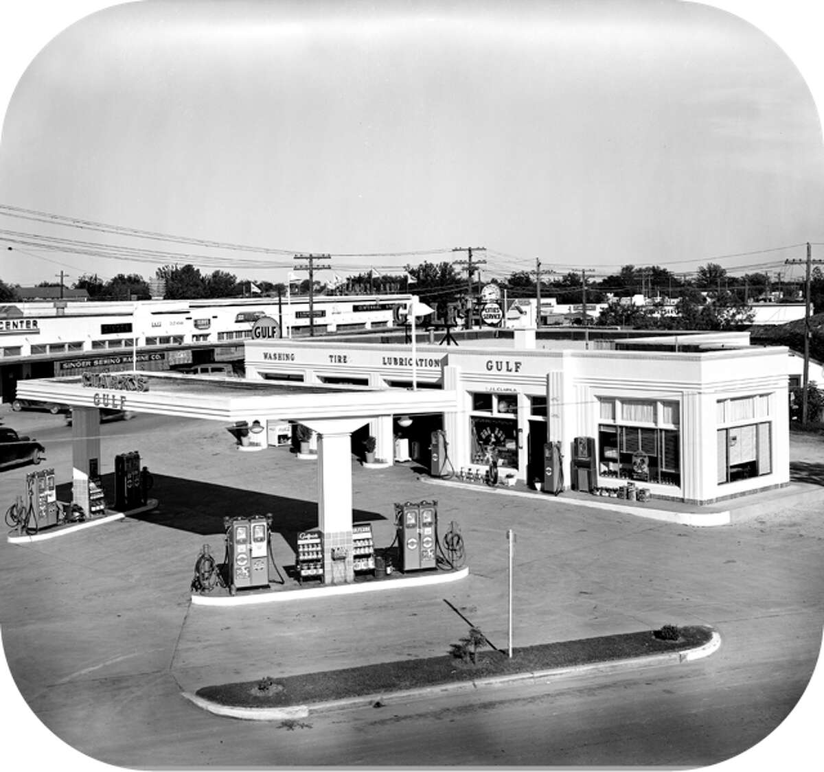 A gas station in the Art Deco section of Fredericksburg Road at the intersection of Zarzamora Road is seen in this undated courtesy photo provided by the Institute of Texan Cultures.