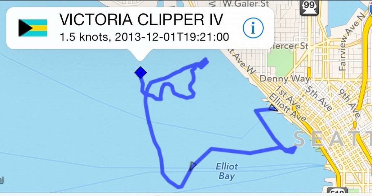 Route of the drifting Victoria Clipper on Sunday 2013-12-01. Police stormed the ship and took a suspect into custody.