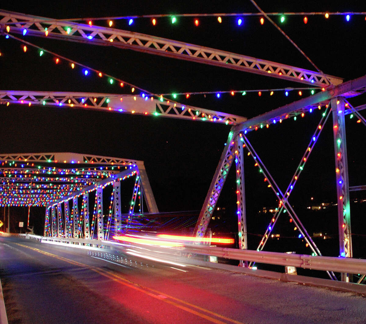 The Bridge Street bridge -- formally, the William F. Cribari Memorial Bridge spanning the Saugatuck River -- is awash in lights for the holiday.