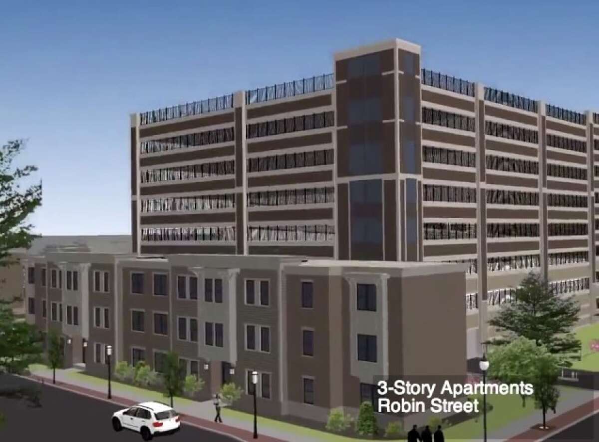 A screen shot from a rendering of what the 8-story garage would look like.