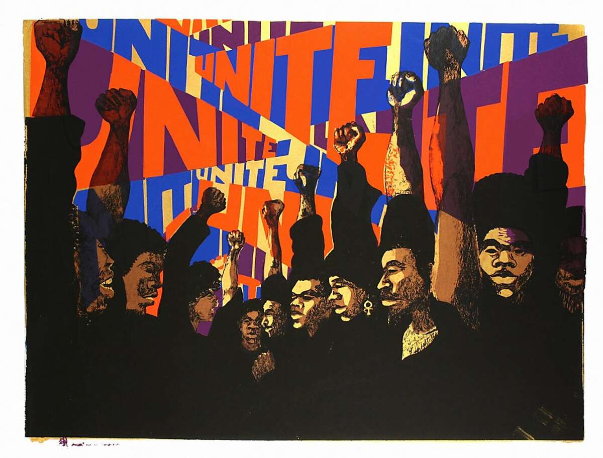 "Unite" is a 1971 screen print by Barbara Jones-Hogu, a founding member of the African Commune of Bad Relevant Artists (AfriCOBRA). Courtesy of Kenkeleba Gallery.