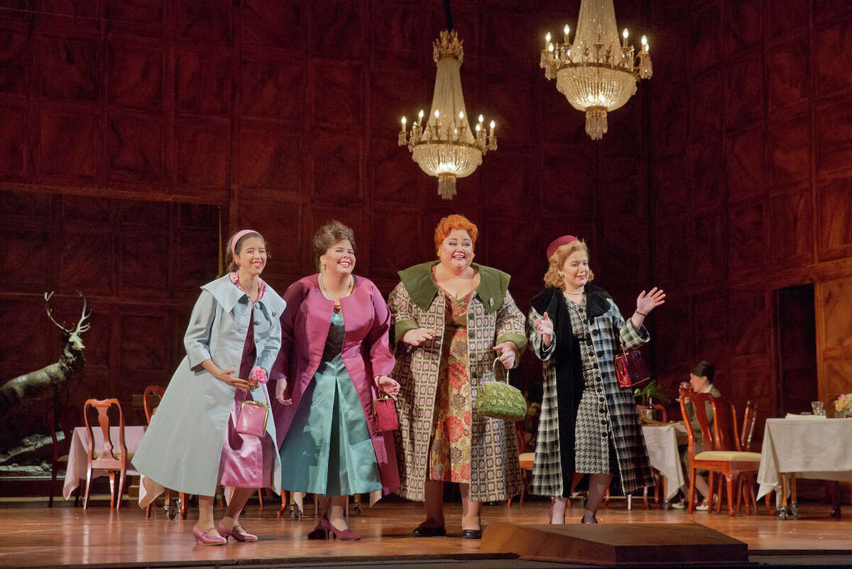 Jennifer Johnson Cano, right, plays Meg Page in the Metropolitan Opera's staging of Verdi's "Falstaff" alongside Lisette Oropesa as Nannetta, from left, Angela Meade as Alice and Stephanie Blythe as Mrs. Quickly.