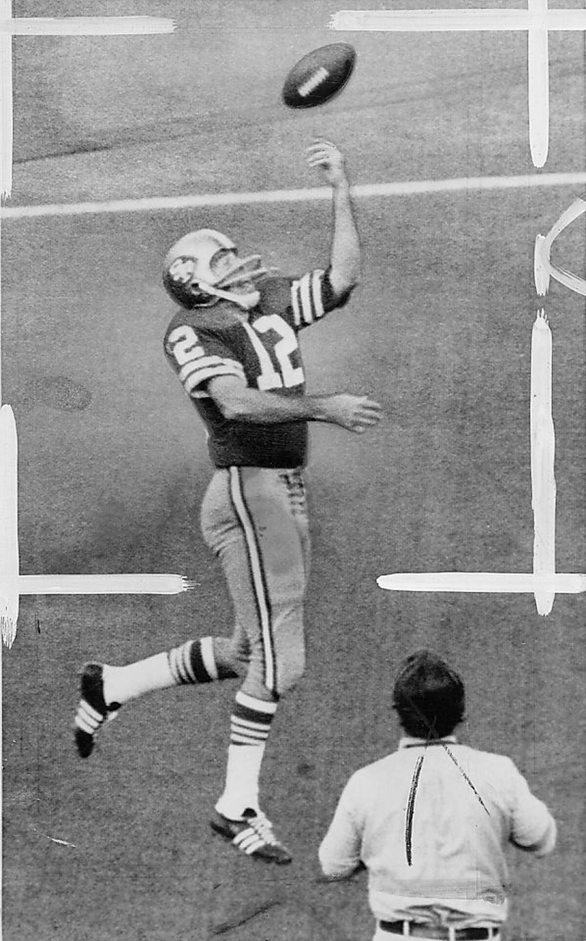 49er QB John Brodie celebrates after scoring the go ahead TD in the 4th quarter of San Francisco's 31-27 defeat of the Lions at Candlestick Park. Photo was taken December 15, 1973.
