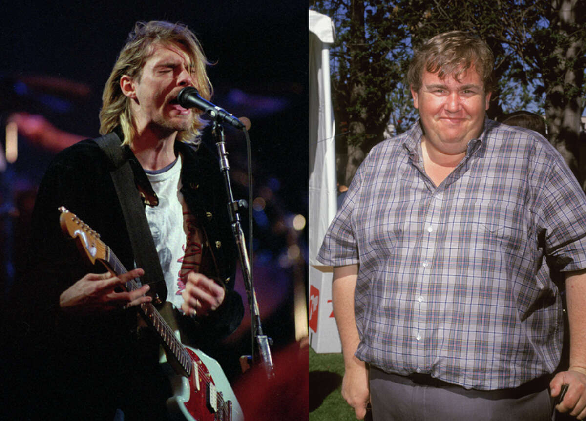 LEFT: Kurt Cobain, lead singer for the Seattle-based band Nirvana, performs in this Dec. 13, 1993, file photo during the taping of MTV's Live and Loud Production in Seattle. RIGHT: Actor John Candy, circa 1990.