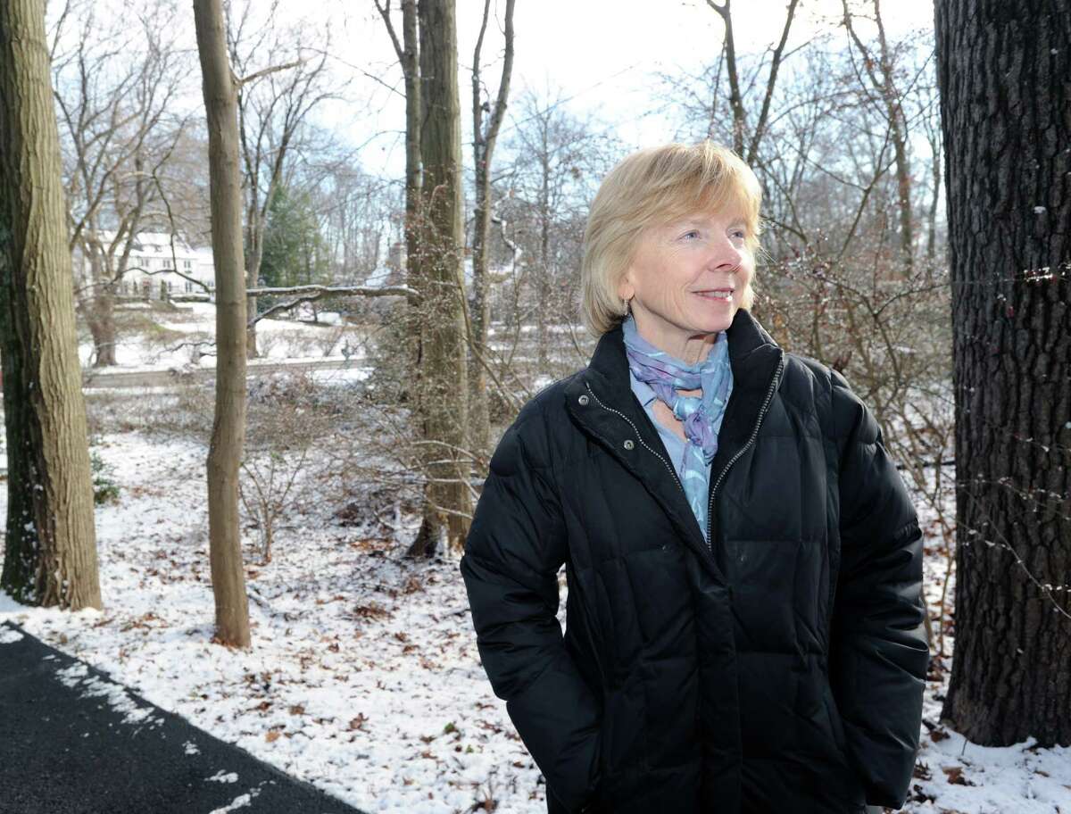Greenwich Land Trust Executive Director Ginny Gwynn stands on the 1.8 acre parcel of land that the trust acquired off Hillside Road in Greenwich, Wednesday, Dec. 11, 2013.