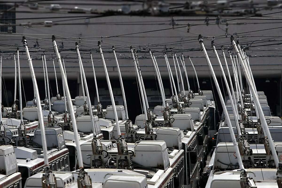 Buses are seen lined up at the MUNI yard on Presidio Ave. in San Francisco, CA, Friday, December 6, 2013.