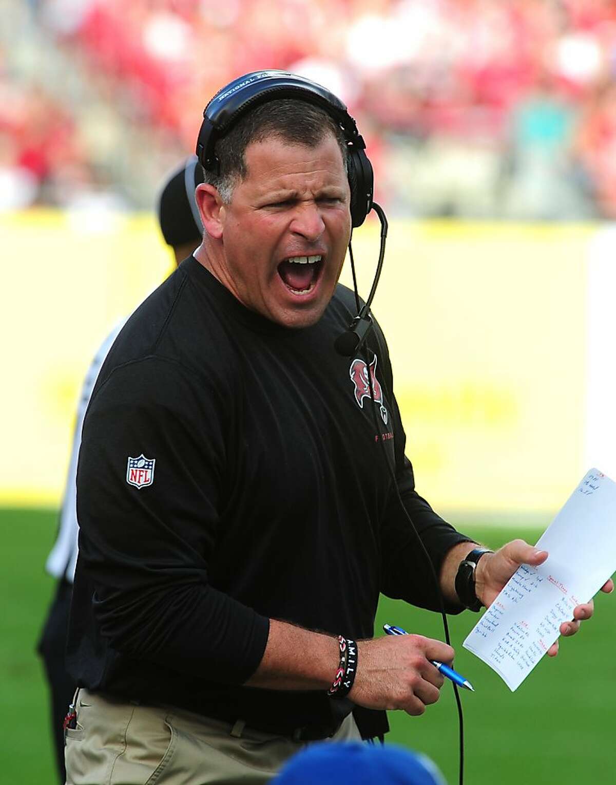 TAMPA, FL - DECEMBER 8: Head Coach Greg Schiano of the Tampa Bay Buccaneers disputes a call during the game against the Buffalo Bills at Raymond James Stadium on December 8 2013 in Tampa, Florida. (Photo by Scott Cunningham/Getty Images)