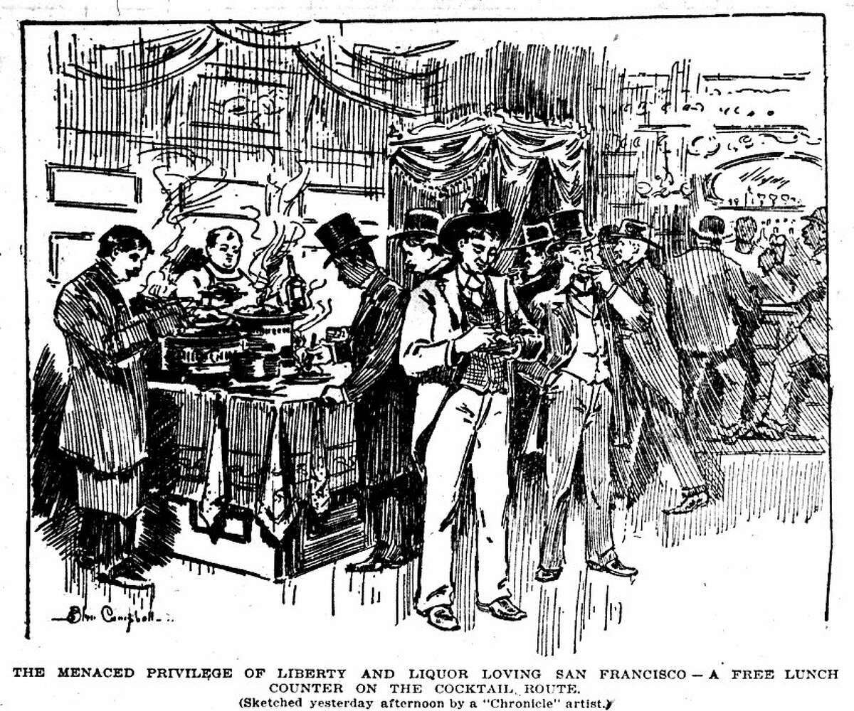 "The menaced privilege of liberty and loving San Francisco - a free lunch counter on the cocktail route." Originally published August 1, 1896.