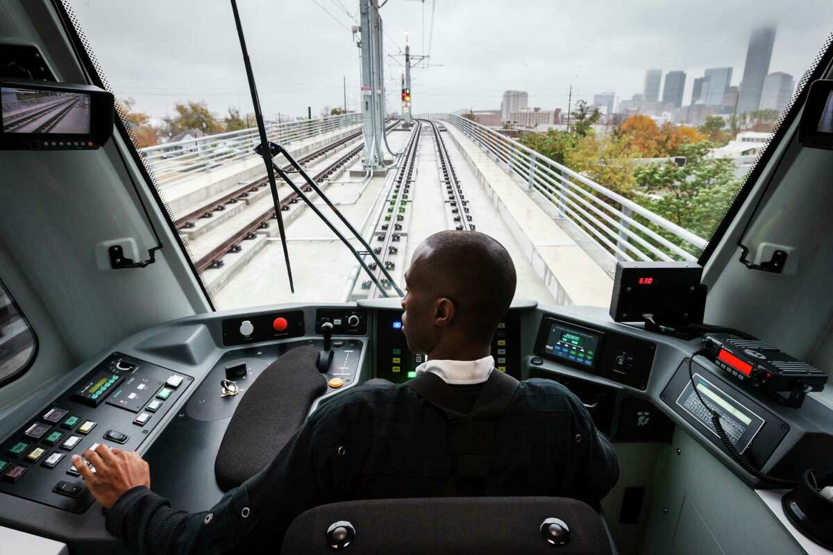 Train operator Terald Riggins has a front-row seat for MetroRail's soon-to-open North/Red Line, a 5.3-mile light rail extension from UH-Downtown Station north to Northline TC/HCC. ( Michael Paulsen / Houston Chronicle )