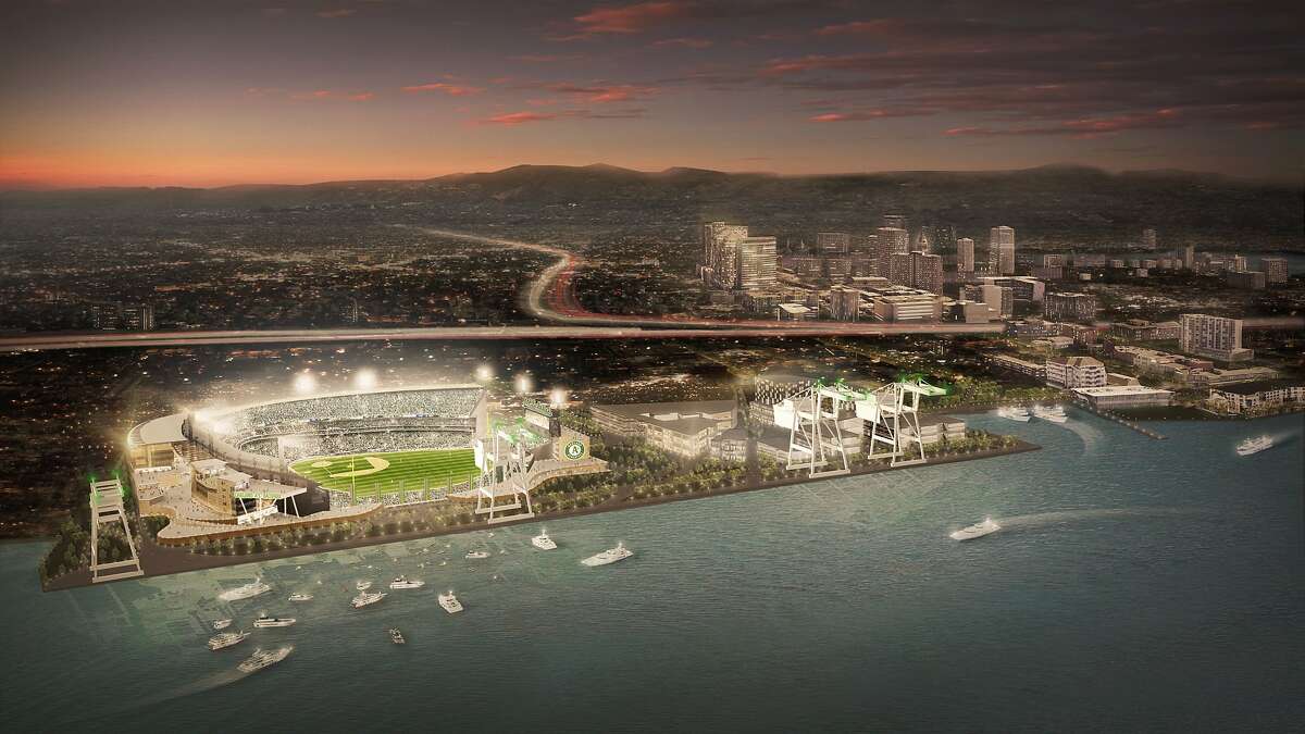Artist's rendering of a proposed ballpark for the Oakland A's on the waterfront north of Jack London Square.