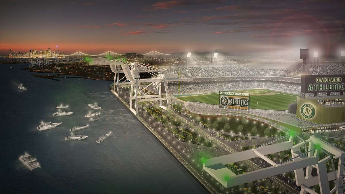 Artist's rendering of a proposed ballpark for the Oakland A's on the waterfront north of Jack London Square.