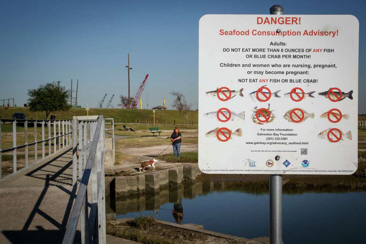 Tina Ramsay walks her pit bull, Lily, on Tuesday at River Terrace Park near a warning sign posted in Channelview, where a toxic waste Superfund site is located in the middle of the San Jacinto River.