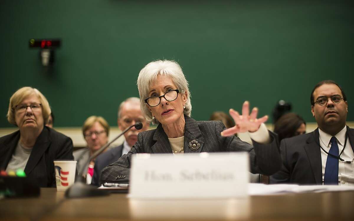 FILE -- Kathleen Sebelius, secretary of health and human services, testifies before a congressional committee in Washington, Dec. 11, 2013. On Friday, Dec. 20, the White House announced that Americans whose health insurance policies are being canceled can enroll in catastrophic coverage and will be exempt next year from penalties set out in the Affordable Care Act. (Gabriella Demczuk/The New York Times)