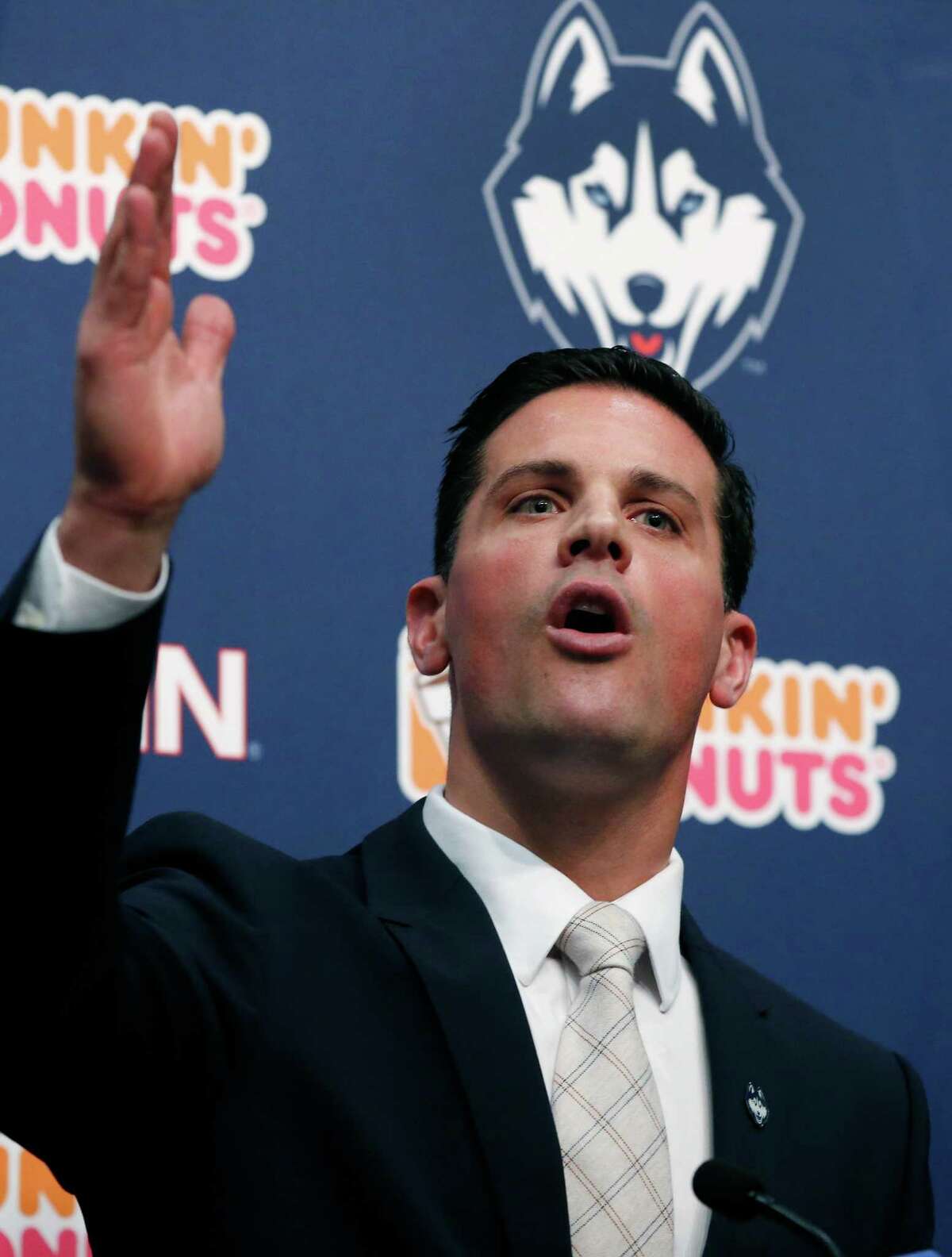 Bob Diaco, former Notre Dame defensive coordinator, speaks as Connecticut's new head football coach during an introductory news conference on campus in Storrs, Conn., Thursday, Dec. 12, 2013. (AP Photo/Elise Amendola)