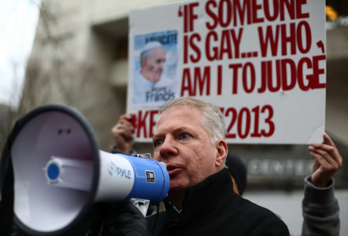 Seattle Mayor Ed Murray, pictured speaking to students outside of the Chancery building for the Archdiocese of Seattle on Dec. 20, 2013.