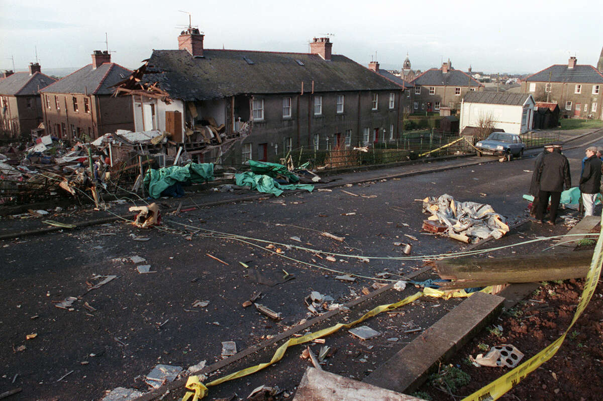 The scene of devastation caused by the explosion of a 747 Pan Am Jumbo jet over Lockerbie, that crashed Dec. 21, 1988 on the route to New-York, with 259 passengers on board. All 243 passengers and 16 crew members were killed as well as 11 Lockerbie residents. In 2003, Libya admitted responsibility for the deaths of the 270 victims of the Pan Am 103 bombing.