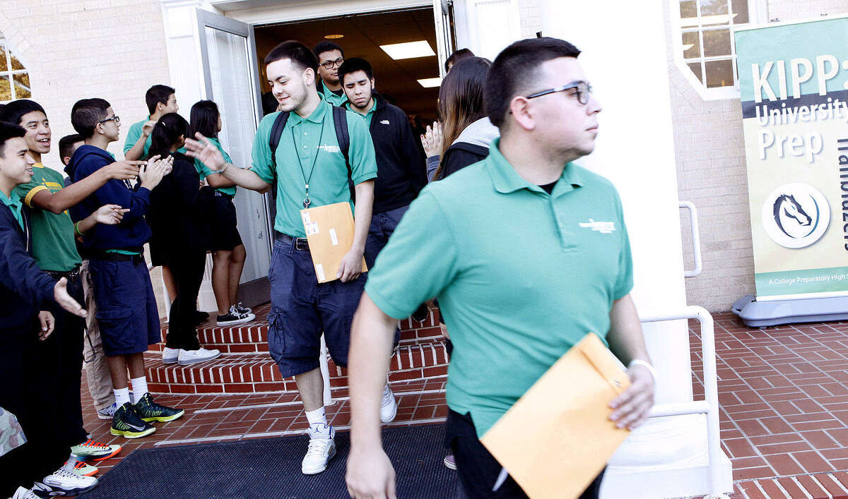 KIPP University Prep High seniors head out to mail college applications. Local KIPP schools exceeded state standards.