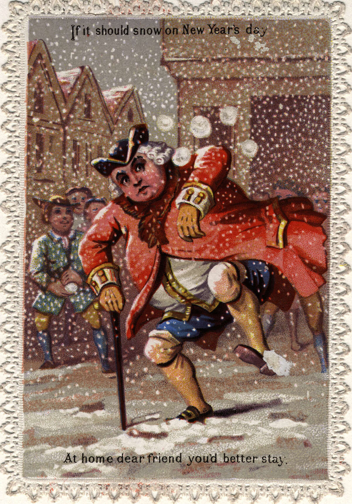 A man is the target of snowballs on this Victorian New Year's greetings card, circa 1873.