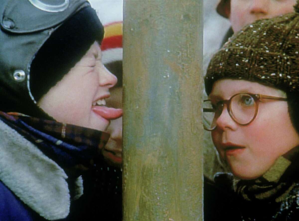 In this now famous scene, Flick (Scott Schwartz) gets his tongue stuck to a flagpole while Ralphie (Peter Billingsley) watched. To make the scene work, a hidden suction tube was used to safely create the illusion.