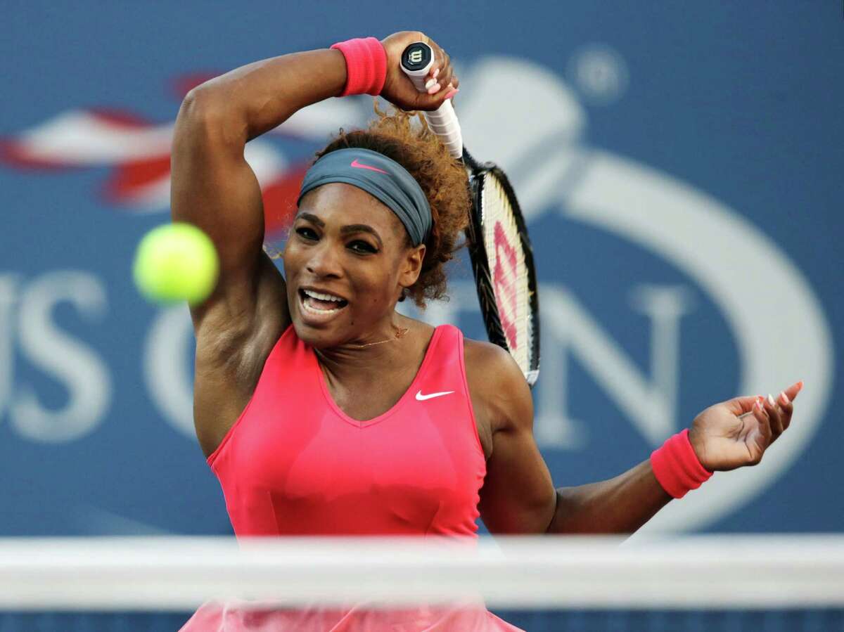 8, 2013, photo, Serena Williams, of the United States, returns a shot to Vi...