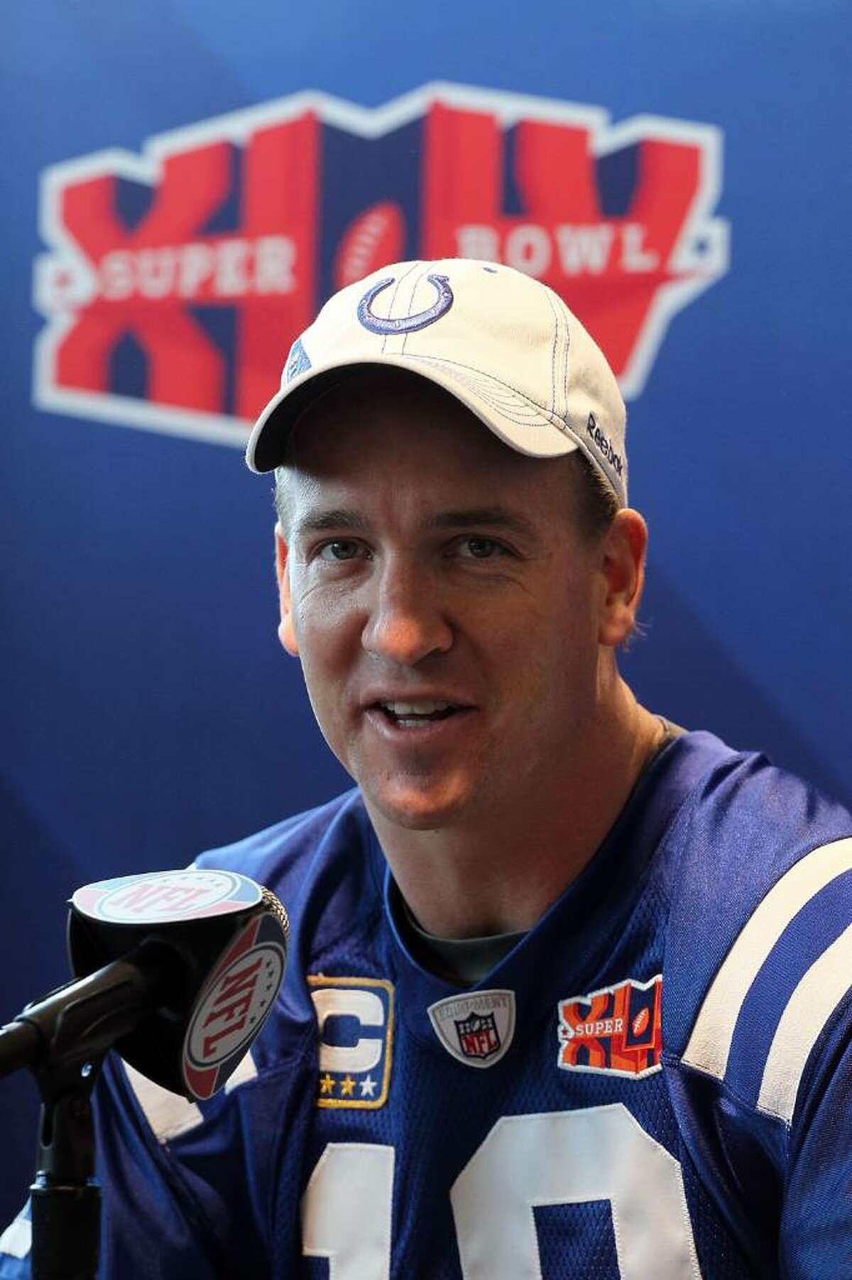 MIAMI GARDENS, FL - FEBRUARY 02: Peyton Manning #18 of the Indianapolis Colts speaks to members of the media during Super Bowl XLIV Media Day at Sun Life Stadium on February 2, 2010 in Miami Gardens, Florida. (Photo by Scott Halleran/Getty Images) *** Local Caption *** Peyton Manning