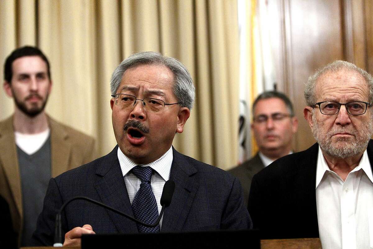 Mayor Ed Lee and California Labor Secretary Marty Morgenstern speak about the BART strike planned for Monday at a press conference in San Francisco, Calif., Friday, August 2, 2013.