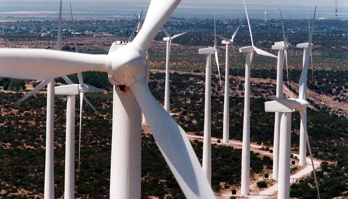 Sleek white wind turbines, 25 stories tall, rise from the plains of West Texas in Big Spring. Texas is one of the windiest states in the nation, and the Panhandle and West Texas are the state's windiest regions.