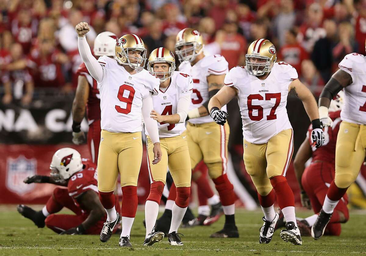 GLENDALE, AZ - DECEMBER 29: kicker Phil Dawson #9 of the San Francisco 49ers celebrates after kicking the game winning 40 yard field goal against the Arizona Cardinals during the final moments of the NFL game at the University of Phoenix Stadium on December 29, 2013 in Glendale, Arizona. The 49ers defeated the Cardinals 23-20. (Photo by Christian Petersen/Getty Images)