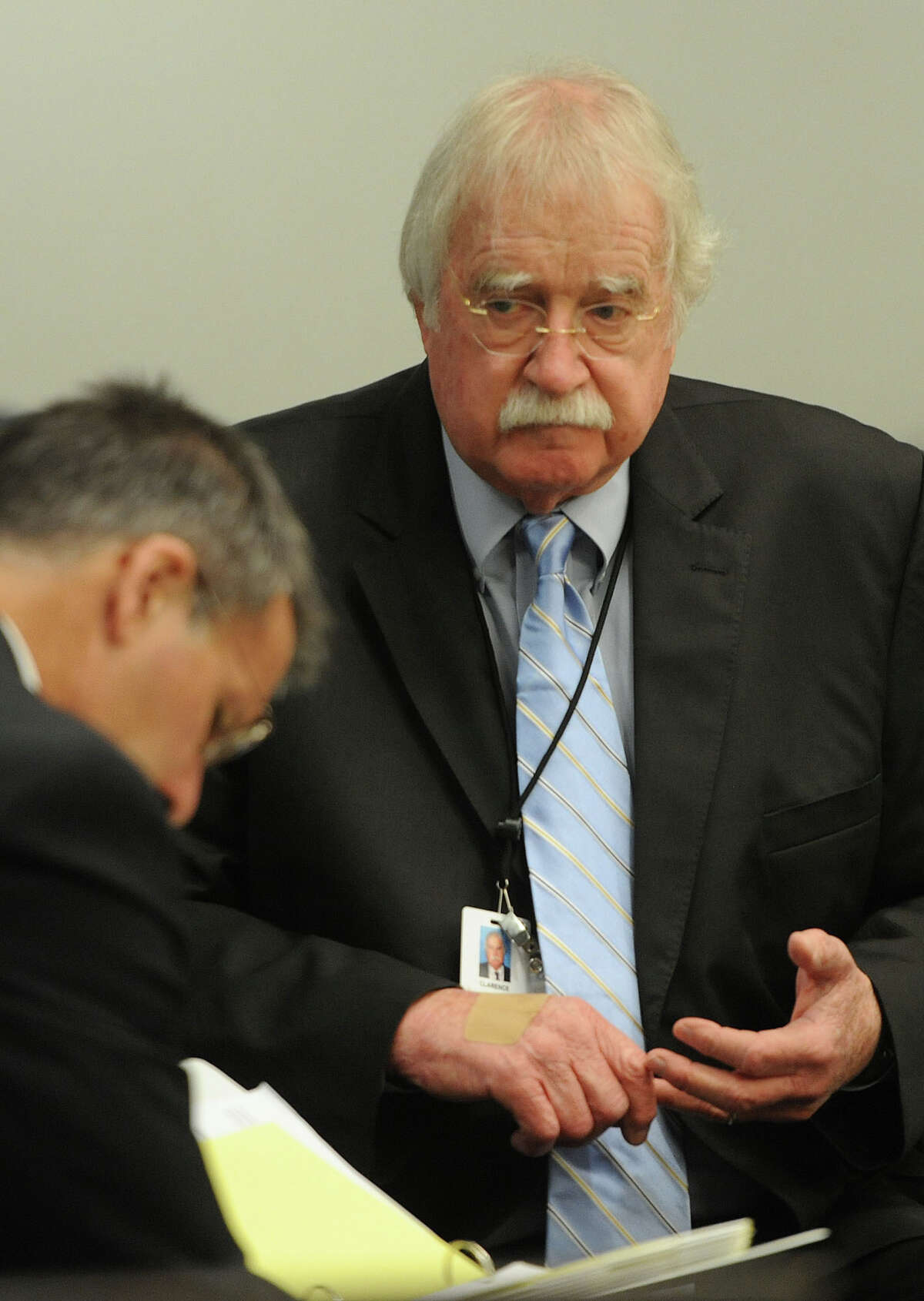One of Bartholomew Granger's defense attornies Sonny Cribbs just before the second day of trial begins in a Galveston County courtroom on Tuesday. Granger stands trial for the 2012 shooting of Minnie Ray Sebolt at the Jefferson County Courthouse. Photo taken Tuesday, April 23, 2013 Guiseppe Barranco/The Enterprise
