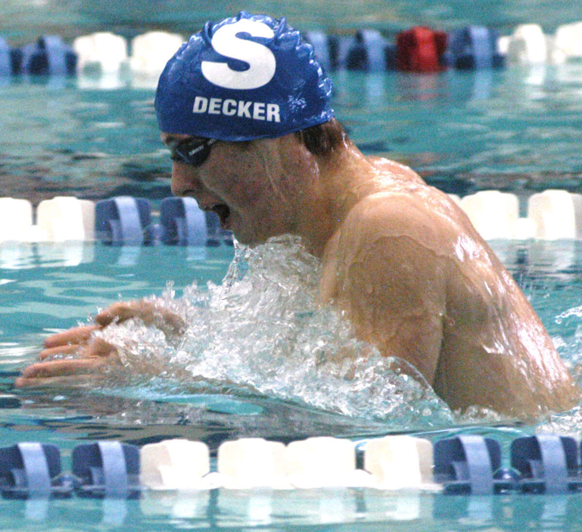 Spartan frosh Colin Decker, en route to laurels as the meet's MVP, leaves his rivals well in his wake as he scores an impressive win in the 200-yard individual medley for Shepaug Valley High School during the Berkshire League championship meet at Hotchkiss School in Lakeville, March 2, 2013
