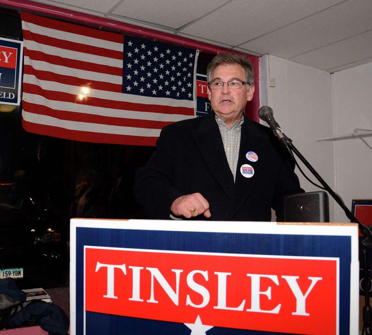 Brookfield's elected First Selectman, Republican Bill Tinsley, gives his victory speech at the Republican Headquarters in Brookfield on Tuesday, Nov. 5, 2013.