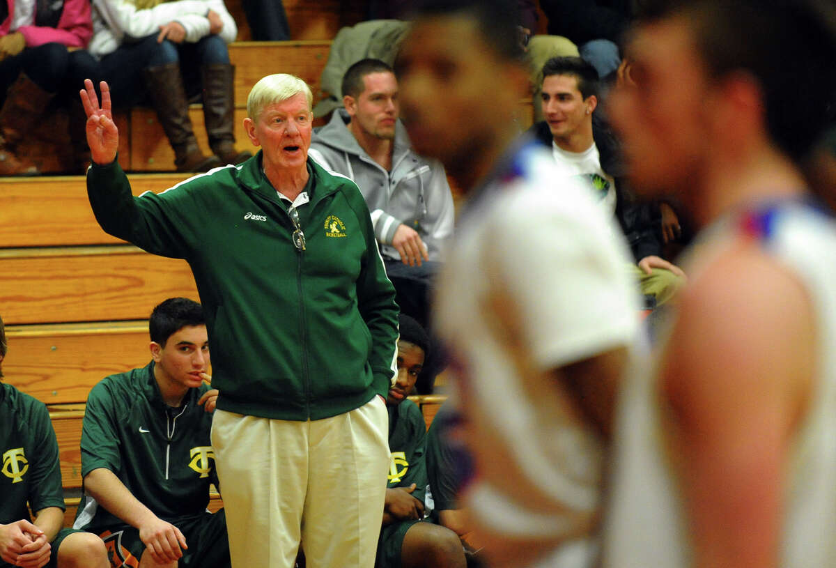 Trinity Catholic Head Coach Mike Walsh, during Northeast 2013 Catholic Classic basketball tournament action against St. Francis Prep in Stratford, Conn. on Friday December 27, 2013.