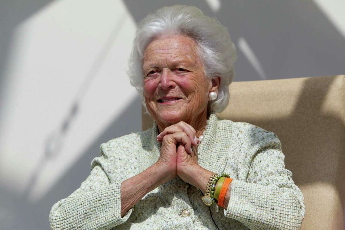 FILE - In this Thursday, Aug. 22, 2013 file photo, former first lady Barbara Bush listens to a patient's question during a visit to the Barbara Bush Children's Hospital at Maine Medical Center in Portland, Maine. A statement released through the family Sunday, April 15, 2018 said Bush is in failing health, and will now receive comfort care. (AP Photo/Robert F. Bukaty, File) ORG XMIT: NY136