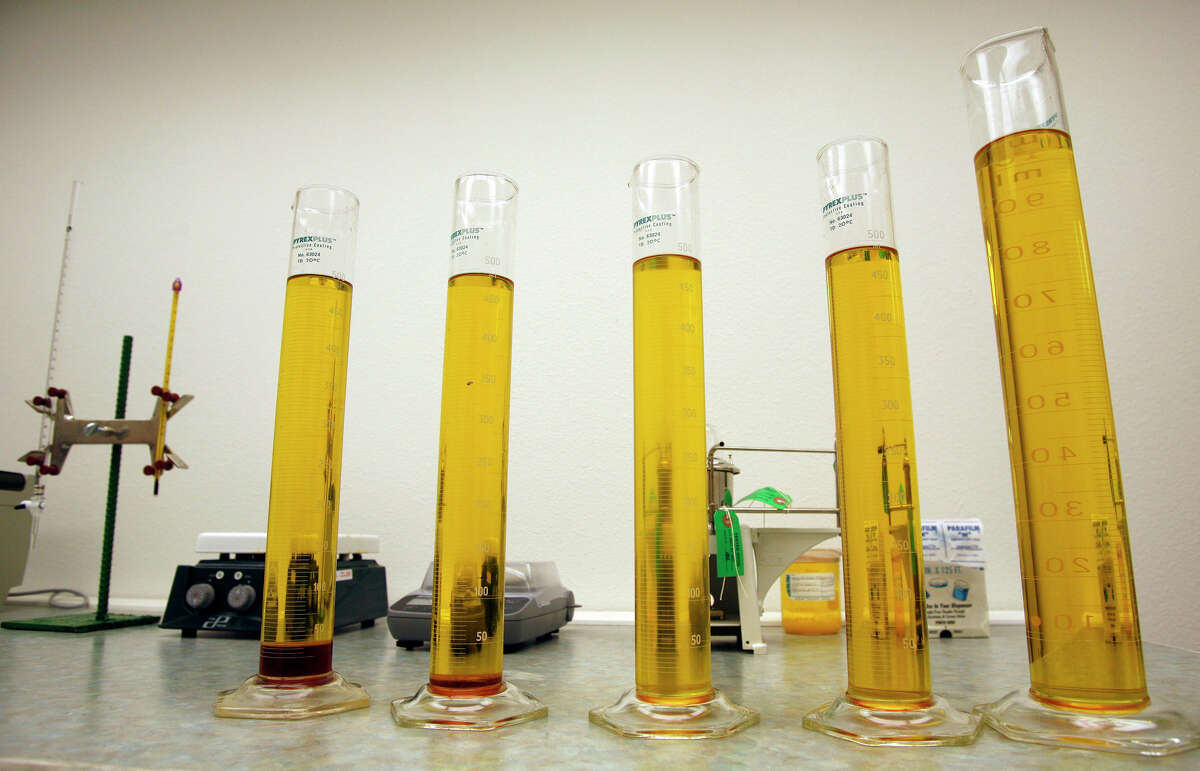 These samples of biodiesel range from the earliest stage of the process, left, to the final product at right. Texas is the nation's leading producer of biodiesel, used in bulldozers, generators and other heavy equipment.
