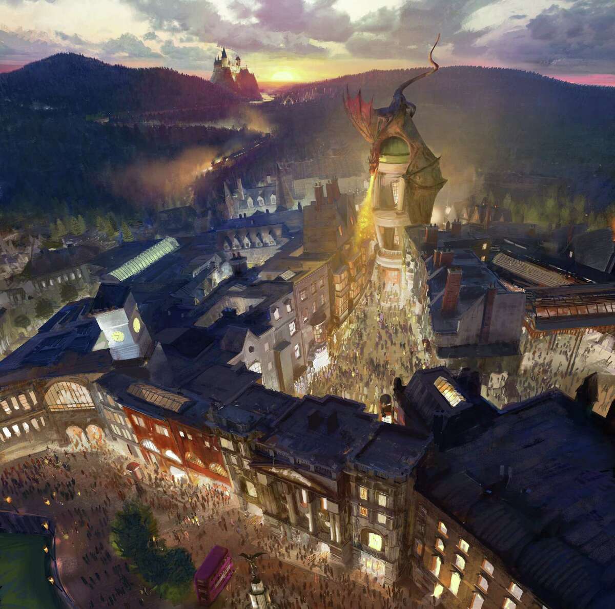 An artist rendering shows the Harry Potter- themed area of the Universal theme park in Orlando, Fla., planned for a summer 2014 opening, which was inspired partly by the fictional Diagon Alley from the Harry Potter books and movies. The area will be linked to the existing Wizarding World of Harry Potter attraction by a train called the Hogwarts Express.