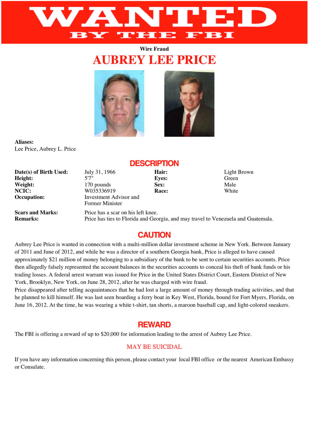 Price's appearance had changed considerably from the clean-cut image seen on his FBI wanted poster.