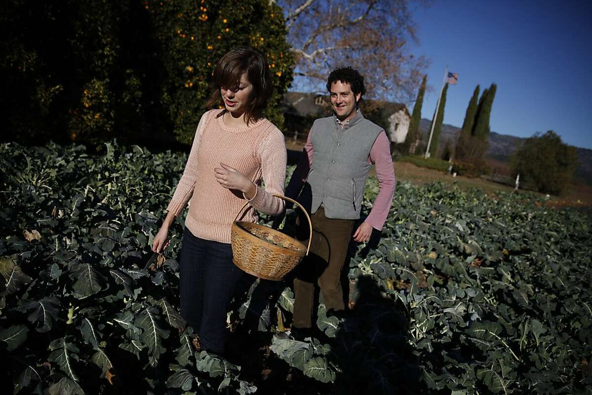 Hailey Trefethen (l to r) carries a basket of broccoli she and brother Lorenzo Trefethen, who are taking over their family winery, picked from La Huerta (the one acre family vegetable garden) at Trefethen Family Vineyards on Thursday, December 19, 2013 in Napa, Calif.