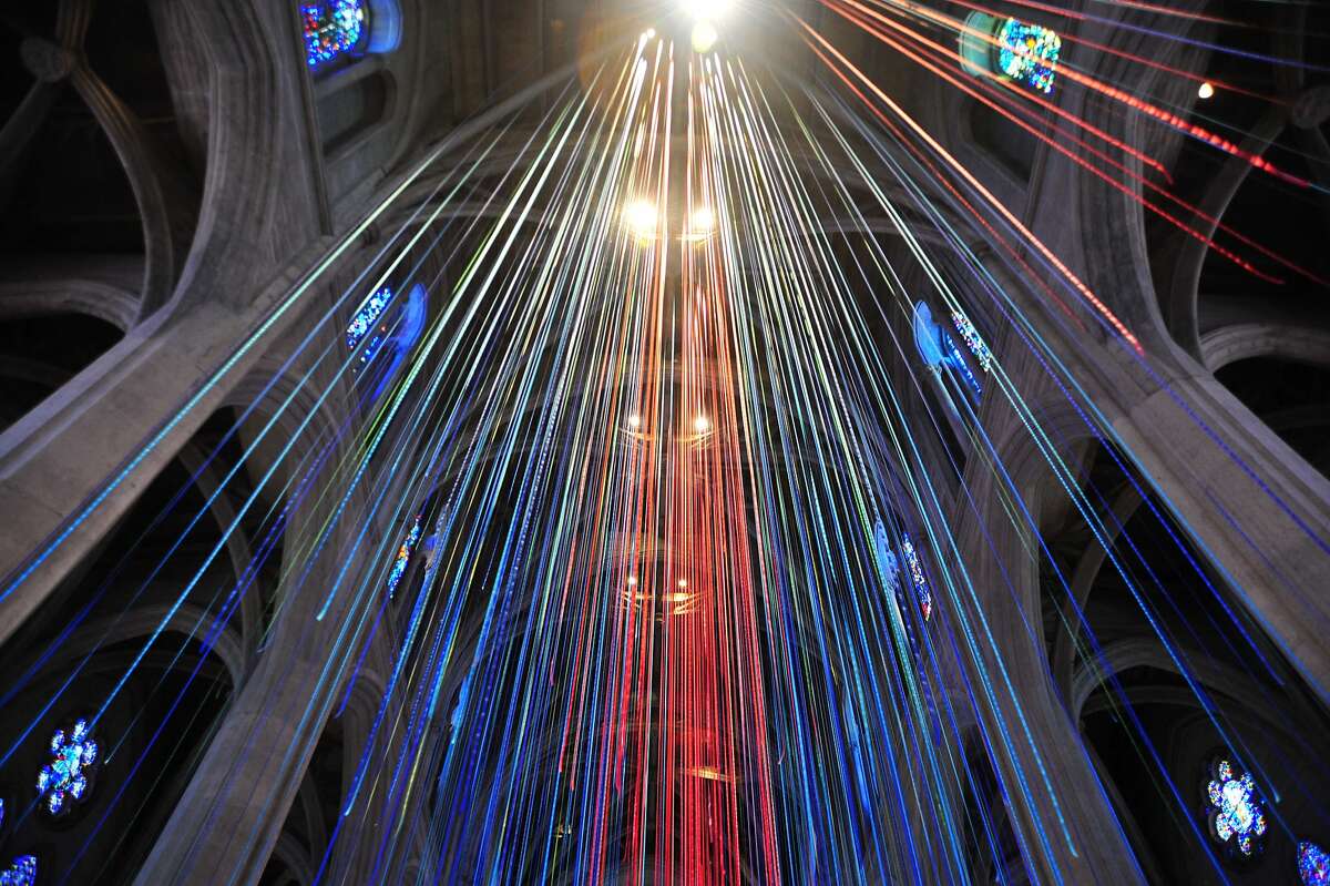 The “Graced With Light” installation consists of roughly 1100 strands of ribbon – each 86 feet in length – in shades of blue, green and red. The ribbons cascade from Grace Cathedral's attic, and are suspended from 117 ropes.