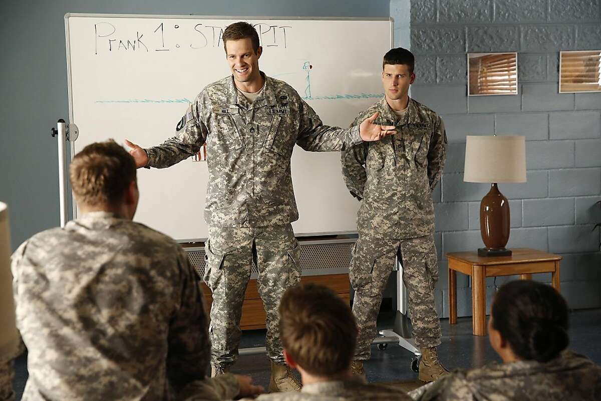 ENLISTED: Pete (Geoff Stults, L) and Randy (Parker Young, R) educate the platoon in prank wars in the "Prank War" episode of ENLISTED airing Friday, Jan. 24 (9:30-10:00 PM ET/PT) on FOX. ©2013 Fox Broadcasting Co. Cr: Greg Gayne/FOX ENLISTED: Pete (Geoff Stults, L) and Randy (Parker Young, R) educate the platoon in prank wars in the "Prank War" episode of ENLISTED airing Friday, Jan. 24 (9:30-10:00 PM ET/PT) on FOX. ©2013 Fox Broadcasting Co. Cr: Greg Gayne/FOX