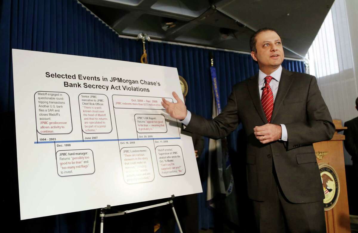 Preet Bharara, U.S. Attorney for the Southern District of New York, announces a settlement with JPMorgan Chase, Tuesday, Jan. 7, 2014 in New York. JPMorgan Chase & Co., already beset by other costly legal woes, has agreed to pay $1.7 billion to settle criminal charges that it ignored obvious warning signs of Bernard Madoff's massive Ponzi scheme, Bharara said Tuesday. (AP Photo/Mark Lennihan) ORG XMIT: NYML107