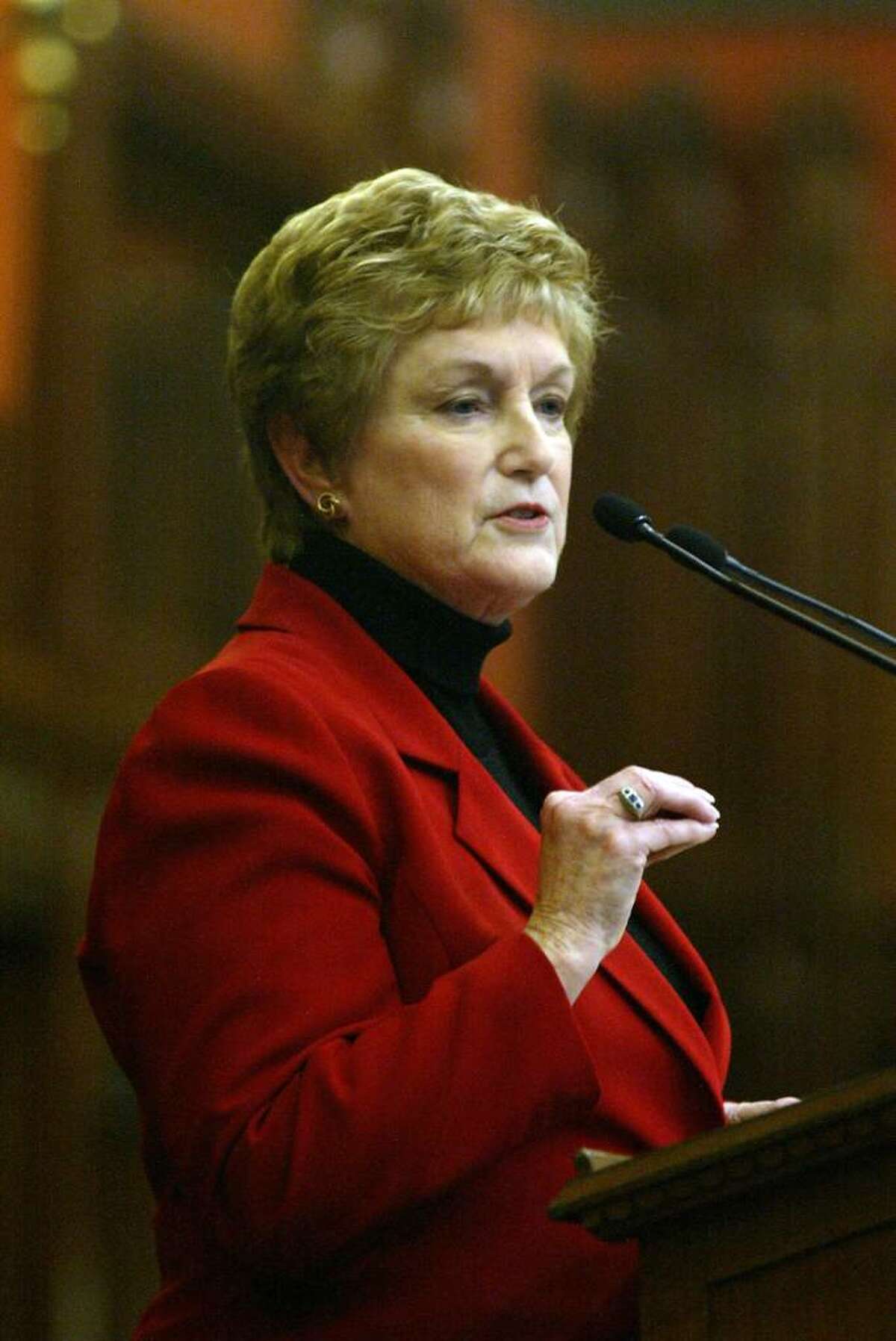 Governor, M. Jodi Rell gives her annual budget address, Wednesday, Feb. 3, 2010, at the State Capital in Hartford.