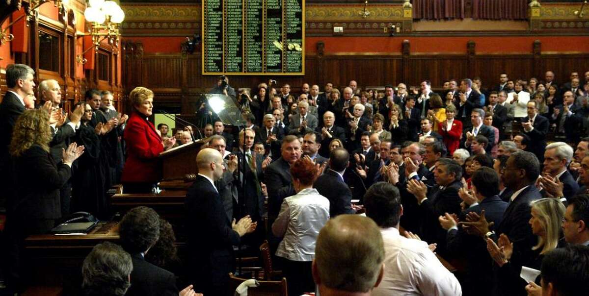 Governor, M. Jodi Rell is applauded, by a joint legislative session, after her budget address, Wednesday, Feb. 3, 2010, at the State Capital in Hartford.